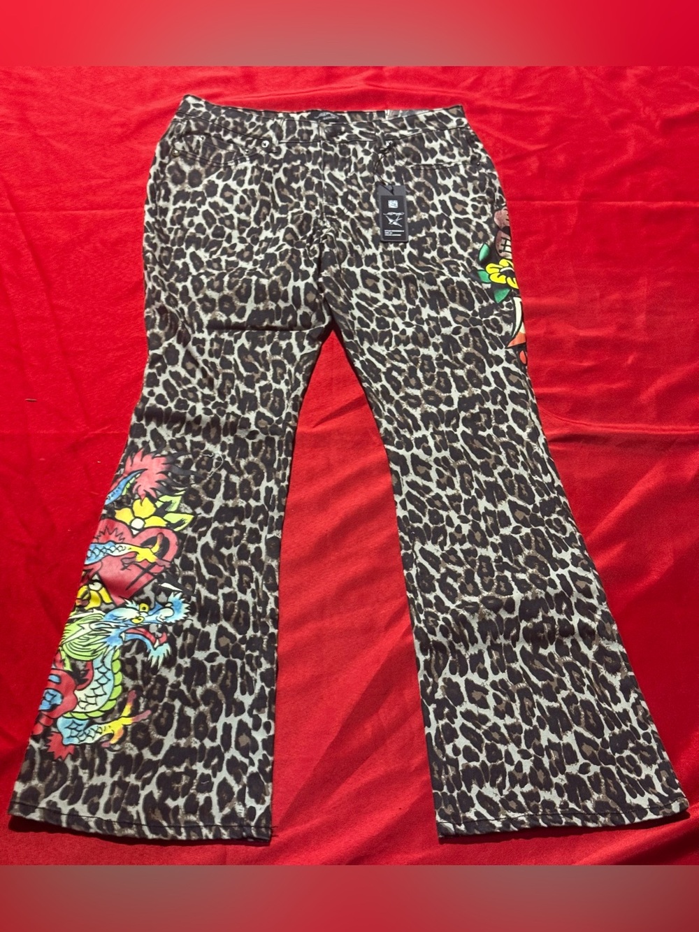 Ed Hardy Leopard Print Wide Leg Jeans with Multicolor Dragon Graphic